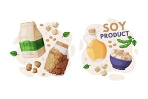 Natural Soy Products from Soybean Plant with Tofu, Oil, Meat and Flour Composition Set vector
