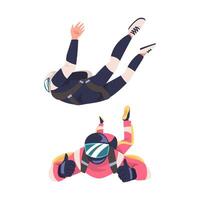 Man Parachutist Skydiving and Free-falling in the Air Descenting on the Earth Set vector
