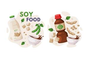 Natural Soy Products from Soybean Plant with Milk and Sauce Composition Set vector