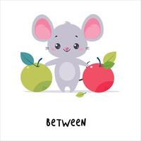 Little Mouse Standing Between Apples as English Language Preposition for Educational Activity Illustration vector