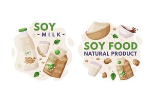Natural Soy Products from Soybean Plant with Milk, Flour and Sauce Composition Set vector