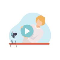 Young Man Blogger Creating Content and Posting It on Social Media, Online Channel Concept Illustration vector