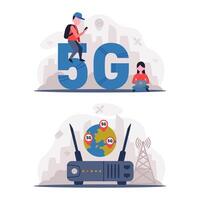 5G Network Wireless Technology with Man and Woman Using High-speed Internet Set vector