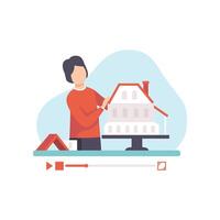 Male Architect Presenting Model of Building, Young Man Blogger Creating Content about His Hobby and Posting It on Social Media, Online Channel Concept Illustration vector