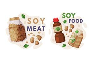 Natural Soy Products from Soybean Plant with Meat, Milk and Sauce Composition Set vector