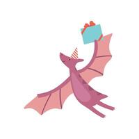 Cute Dinosaur in Party Hat, Funny Colorful Pteranodon Dino Character Flying with Gift Box, Happy Birthday Party Design Element Illustration vector