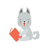 Cute Wolf Cub Reading Book, Adorable Smart Animal Character Sitting with Book Illustration vector
