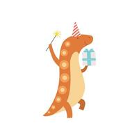 Cute Dinosaur in Party Hat with Magic Wand and Gift Box, Funny Colorful Dino Character, Happy Birthday Party Design Element Illustration vector