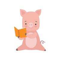 Cute Piglet Reading Book, Adorable Smart Animal Character Sitting with Book Illustration vector