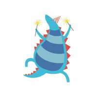 Happy Dinosaur in Party Hat with Sparklers, Cute Colorful Dino Character, Happy Birthday Party Design Element Illustration vector