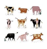Cattle Breeding Farming, Dairy Cattle, Cows of Different Breeds Set Illustration vector
