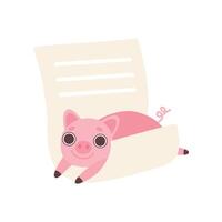 Piglet Lying on Empty Lined Sheet of Paper, Cute Cartoon Animal with Blank Banner Illustration vector