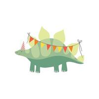 Cute Stegosaurus Dinosaur in Party Hat with Party Flags, Funny Colorful Dino Character, Happy Birthday Party Design Element Illustration vector