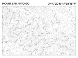 Detailed contour map of Mount San Antonio with elevation lines and geographic coordinates. Topographic map . vector