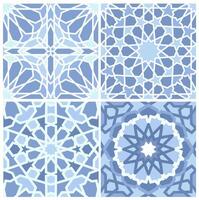 Set of four blue Islamic geometric patterns with intricate symmetrical designs. Seamless pattern set. vector