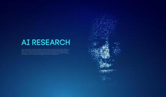 Low-poly digital face made of blue connected particles representing artificial intelligence research and technology. vector