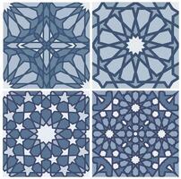 Set of intricate Islamic geometric patterns in blue shades for traditional decor. Seamless pattern set. vector