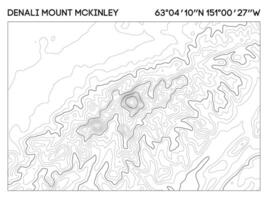 Topographic map of Denali Mount McKinley with elevation contours and geographic coordinates. Topographic map . vector