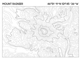 Topographic contour map of Mount Rainier with elevation lines and geographic coordinates. Topographic map . vector