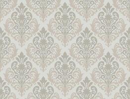 Beige and gray damask pattern with ornate floral elements on a soft white background. Damask seamless pattern. vector