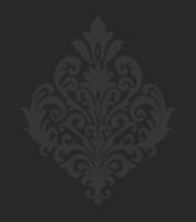 Dark damask floral pattern with intricate swirls on a black background, displaying elegant symmetrical design elements. vector