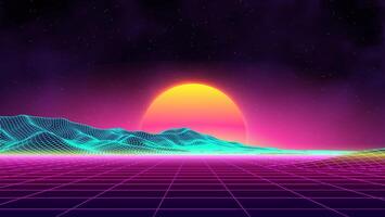 Retro futuristic digital landscape with neon grid and glowing sunset in cyberpunk style vector
