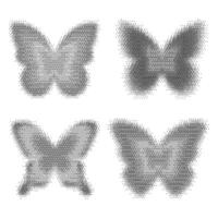 Bitmap pattern abstract butterfly shapes. Halftone gradient elements on white background. Dither noisy grunge texture. dither symbol. Y2k graphic abstract icons. Noisy grunge texture. vector