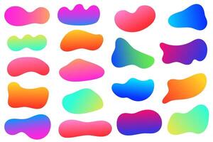 Abstract gradient shapes. Colored fluid blobs. Liquid neon gradation forms. Organic neon irregular elements. Bubble stains isolated on white background. Vibrant amoeba set vector