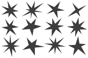 Star shapes icons. Y2k abstract irregular shiny sparkles. Flash sparks starburst graphic elements. Twinkles stickers and random geometric figures on white background. Black minimal flat simple signs. vector