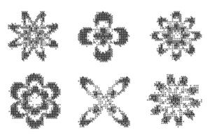 Pixel pattern shapes. Textured flower with bitmap Y2k dither gradient. Retro star with old computer game graphic effect. Halftone grunge illustration vector