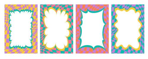 Wavy scallop border. Rectangle fun wavy chessboard frame. Cartoon hand drawn shapes for text picture and photo. Doodle groovy psychedelic template. Abstract funky y2k squiggle checkered bubble vector