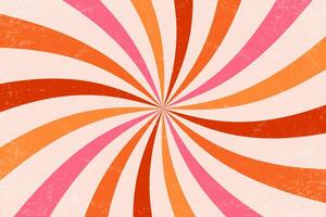 Spiral retro pattern background. Swirl groovy rays. Psychedelic radial burst with grunge texture. 70s starburst hypnotic illustration. Vintage circular colorful bg. vector