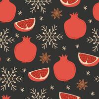 Seamless Pattern with Christmas Snowflakes and Pomegranate on Dark Background vector