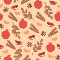 Christmas seamless pattern with winter fruits, pomegranate, tangerine, dates and anise vector