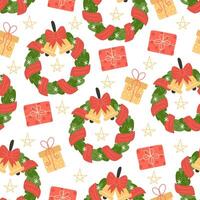 Seamless pattern with Christmas wreaths and gift boxes on white background vector
