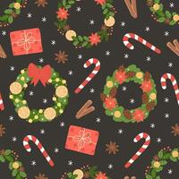 Christmas seamless pattern with wreaths, candy canes, cinnamon sticks, anise, and gift boxes on a dark background vector