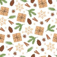 Seamless pattern with snowflakes, fir branches, cinnamon sticks, cones, and gift boxes vector