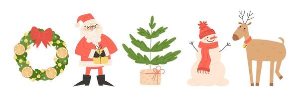 Christmas Set with Santa Claus, Christmas Tree, Snowman, Reindeer and Wreath vector