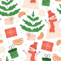 Seamless Pattern with Christmas Trees and Snowmen vector