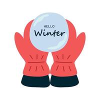 Hands in red mittens holds snowball. Hello Winter. , white background vector