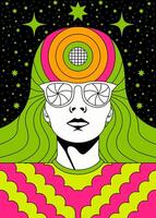 Retro Psychedelic Portrait with Vibrant Neon Colors and Futuristic Style vector