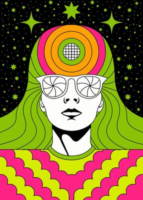 Retro Psychedelic Portrait with Vibrant Neon Colors and Futuristic Style