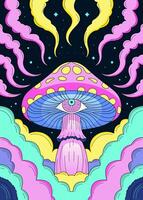 Surreal Psychedelic Mushroom with Mystical Eye and Colorful Smoke in a Cosmic Night Sky vector