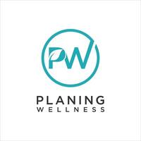 simple PW Letter Leafs abstract logo design of zen with circular brush stroke. vector