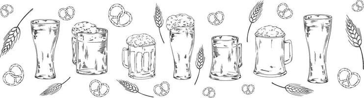 Glass pilsner beer set collection illustration for your company or brand banner set refreshing cool beverage with foam, Octoberfest, pub bar menu design with snacks bretzel, ears of wheat, corn vector