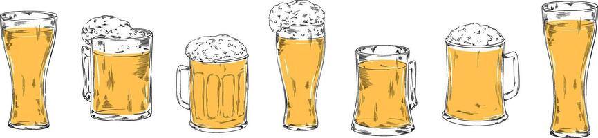 Glass pilsner beer set collection illustration for your company or brand banner set refreshing cool beverage with foam, Octoberfest, pub bar menu design alcohol drinks vector