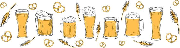 Glass pilsner beer set collection illustration for your company or brand banner set refreshing cool beverage with foam, Octoberfest, pub bar menu design with snacks bretzel, ears of wheat, corn vector