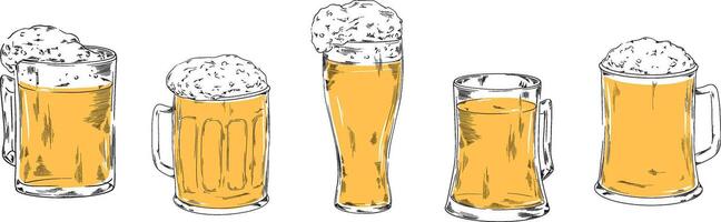 Glass beer set collection illustration for your company or brand banner set refreshing cool beverage with foam, Octoberfest, pub bar menu design alcohol drinks vector