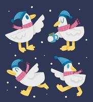 Cozy Winter Duck Illustrations Set with Warm Outfits and Snowy Background vector