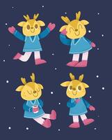 Cozy Winter Reindeer Illustrations Set with Warm Outfits and Snowy Background vector